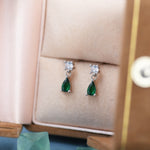 Tiny Emerald Green CZ Dangle Stud Earrings in Sterling Silver with Round and Droplet CZ, Silver or Gold, Two CZ Prong Set Earrings
