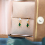 Tiny Emerald Green CZ Dangle Stud Earrings in Sterling Silver with Round and Droplet CZ, Silver or Gold, Two CZ Prong Set Earrings