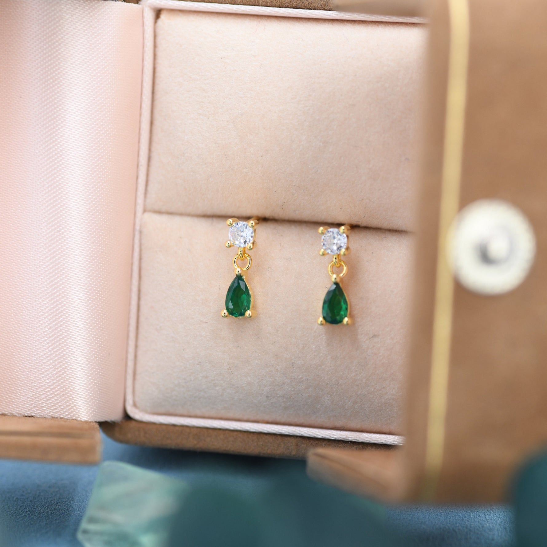 Tiny Emerald Green CZ Dangle Stud Earrings in Sterling Silver with Round and Droplet CZ, Silver or Gold, Two CZ Prong Set Earrings