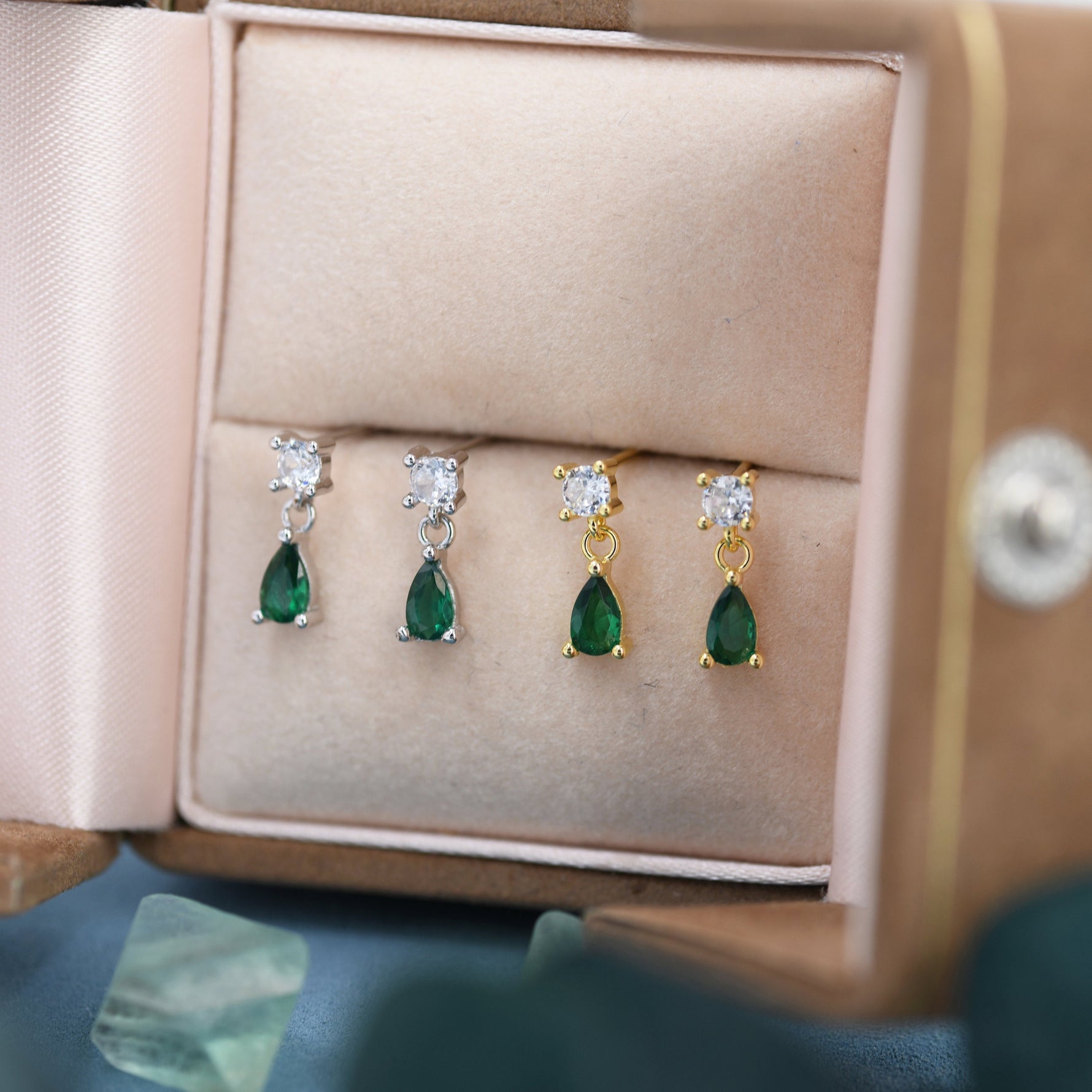 Tiny Emerald Green CZ Dangle Stud Earrings in Sterling Silver with Round and Droplet CZ, Silver or Gold, Two CZ Prong Set Earrings