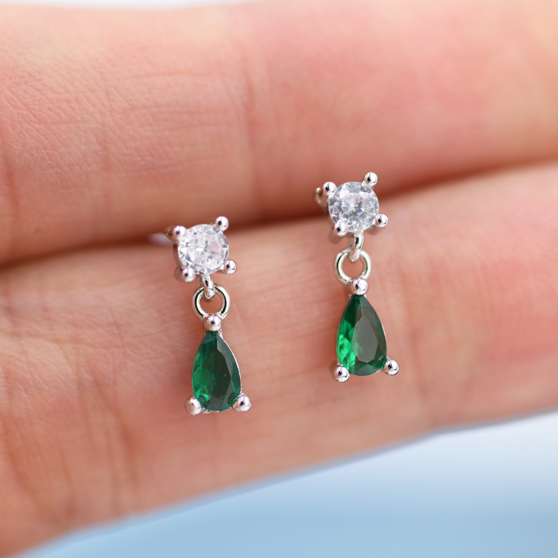 Tiny Emerald Green CZ Dangle Stud Earrings in Sterling Silver with Round and Droplet CZ, Silver or Gold, Two CZ Prong Set Earrings
