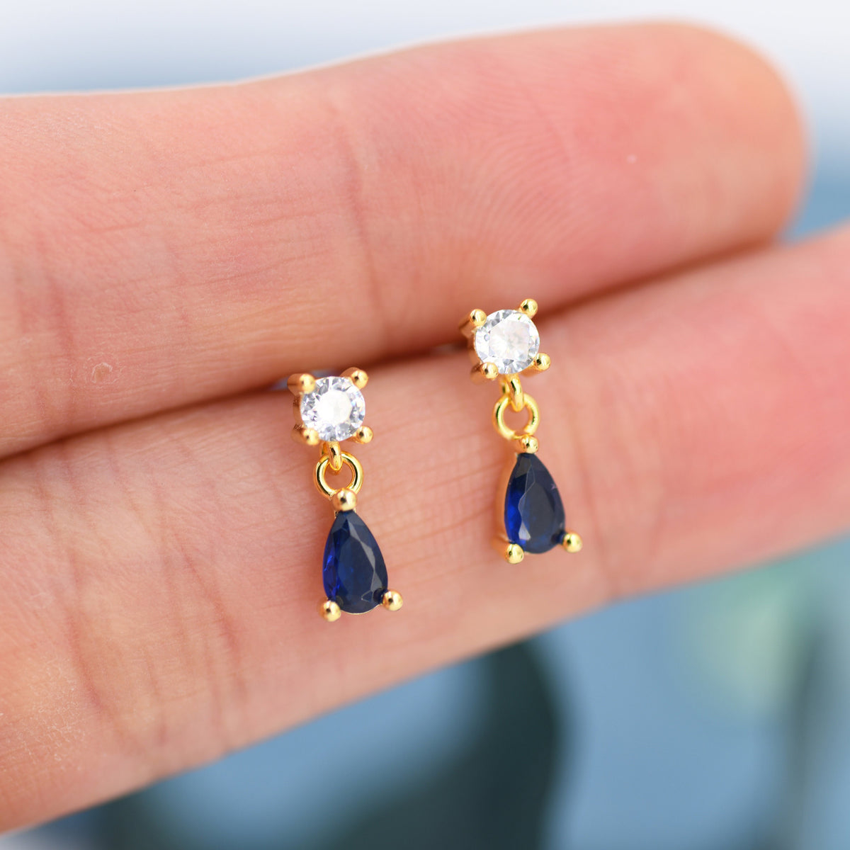 Tiny Sapphire Blue CZ Dangle Stud Earrings in Sterling Silver with Round and Droplet CZ, Silver or Gold, Two CZ Prong Set Earrings