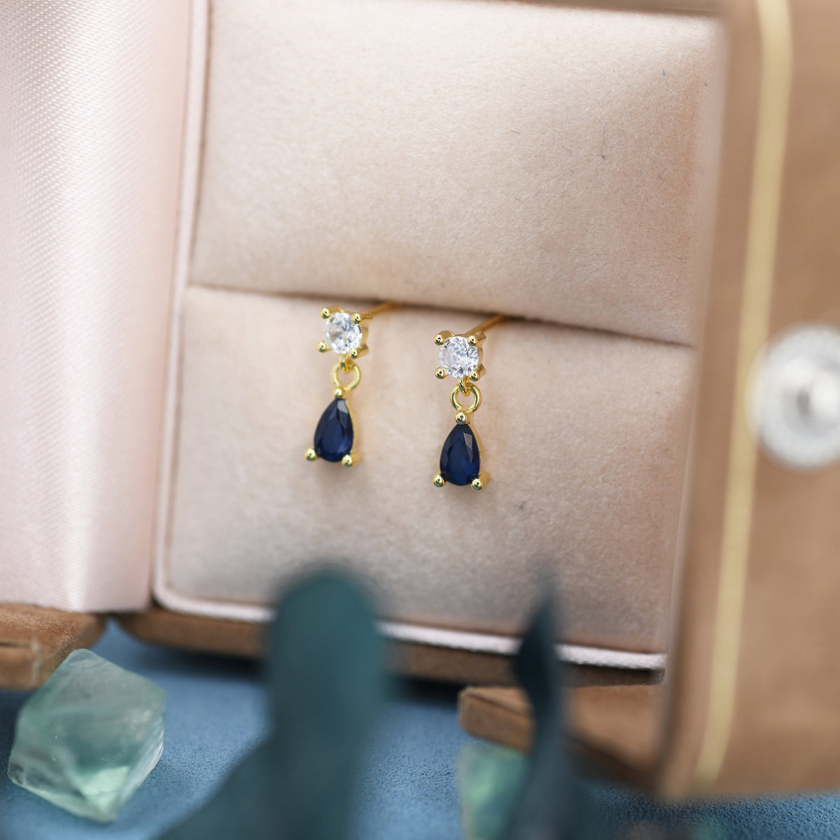 Tiny Sapphire Blue CZ Dangle Stud Earrings in Sterling Silver with Round and Droplet CZ, Silver or Gold, Two CZ Prong Set Earrings