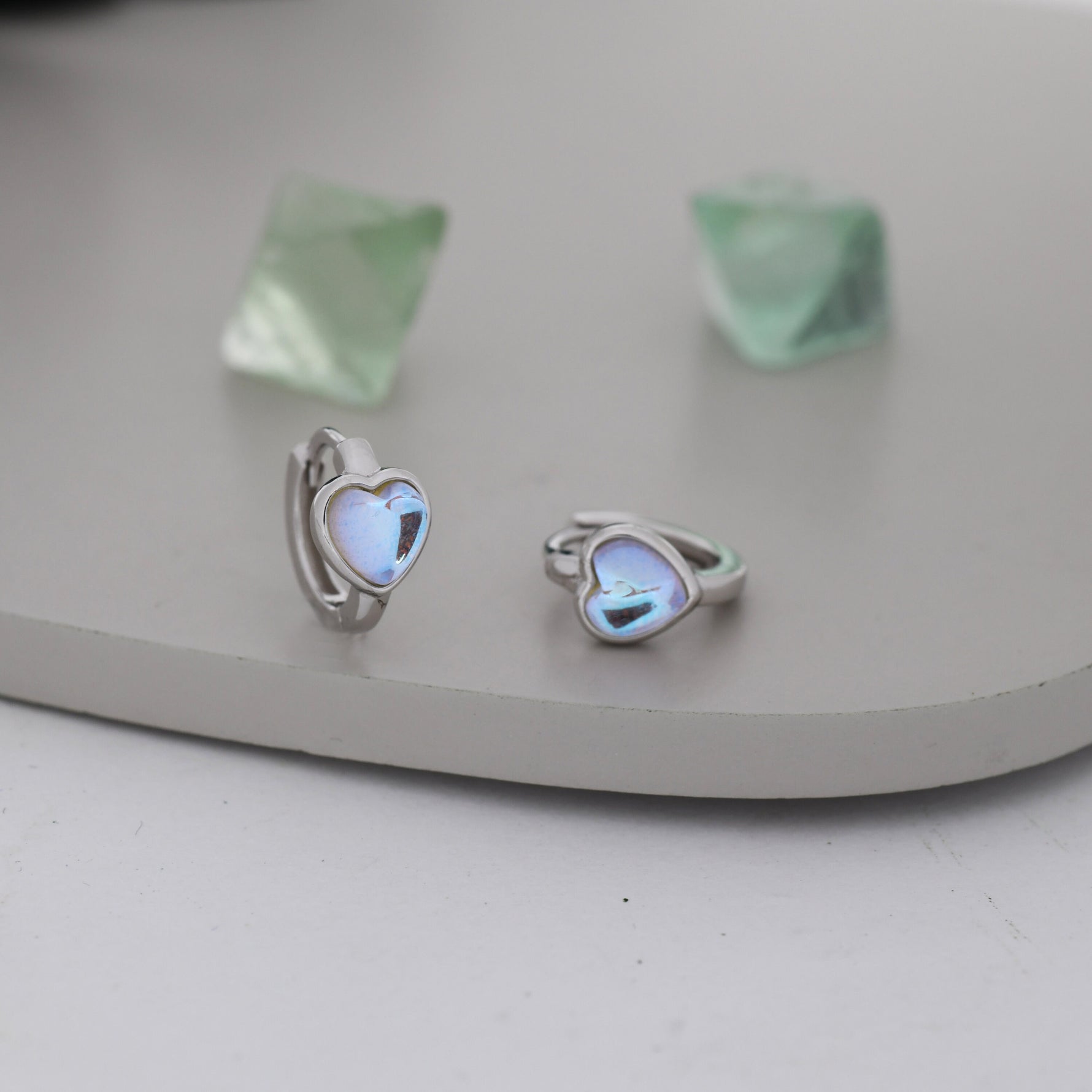 Moonstone Heart Huggie Hoop Earrings in Sterling Silver, Silver or Gold, Simulated Moonstone Heart Hoops, Heart Hoops