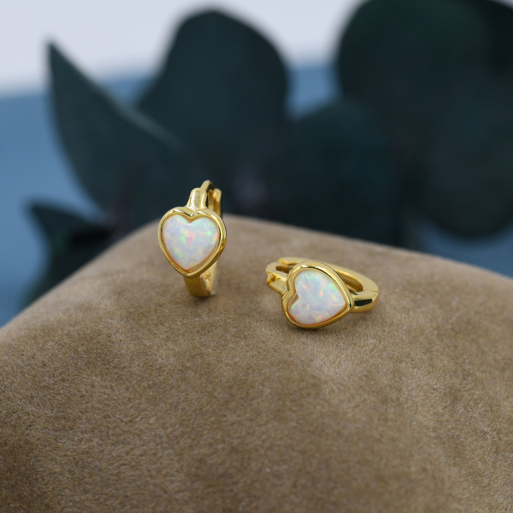 White Opal Heart Huggie Hoop Earrings in Sterling Silver, Silver or Gold, Lab Opal Heart Hoops, Heart Hoops