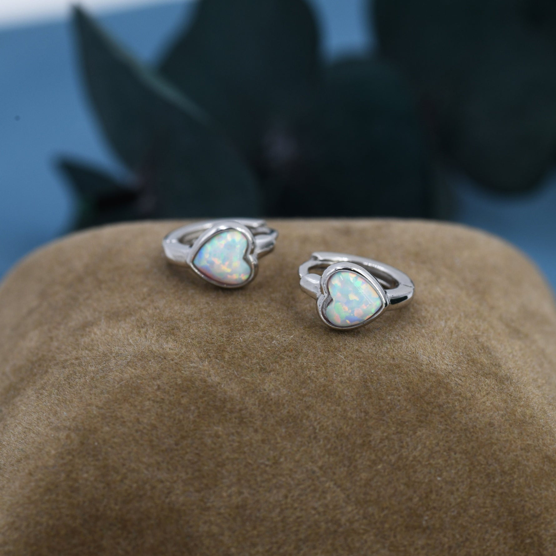 White Opal Heart Huggie Hoop Earrings in Sterling Silver, Silver or Gold, Lab Opal Heart Hoops, Heart Hoops