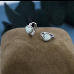 White Opal Heart Huggie Hoop Earrings in Sterling Silver, Silver or Gold, Lab Opal Heart Hoops, Heart Hoops