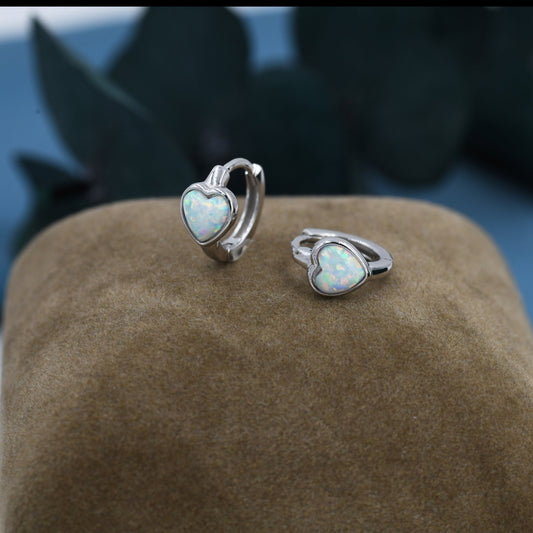White Opal Heart Huggie Hoop Earrings in Sterling Silver, Silver or Gold, Lab Opal Heart Hoops, Heart Hoops