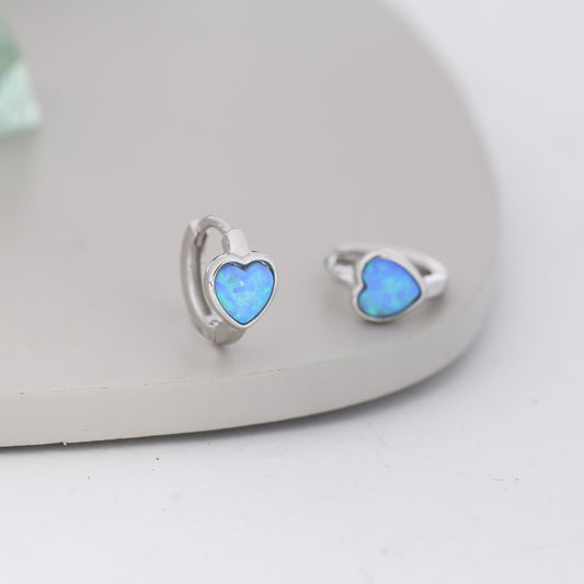 Blue Opal Heart Huggie Hoop Earrings in Sterling Silver, Silver or Gold, Lab Opal Heart Hoops, Heart Hoops