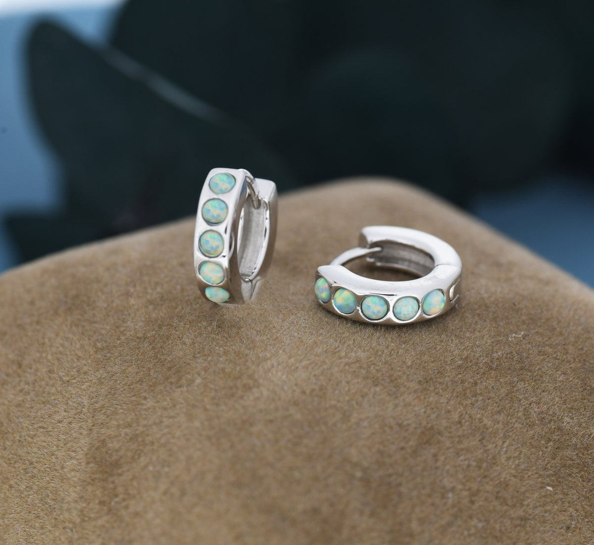 Mystic Green Opal Huggie Hoop Earrings in Sterling Silver, Silver or Gold, Lab Opal Hoops