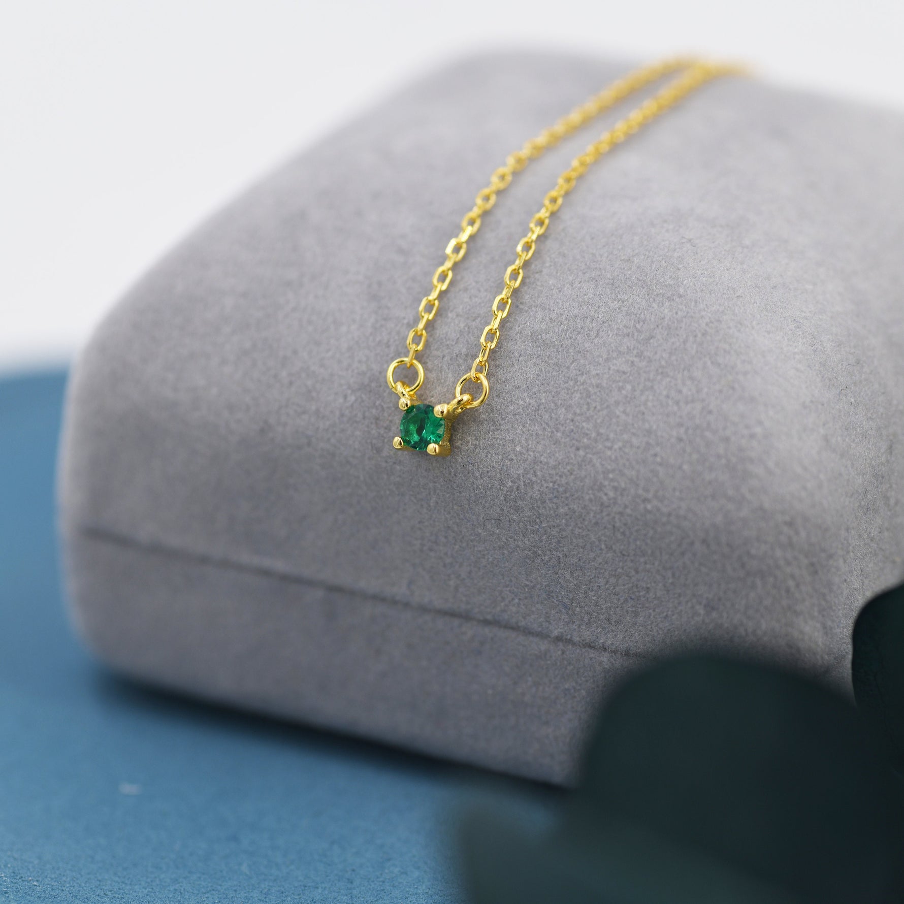 Extra Tiny Emerald Green CZ Necklace in Sterling Silver, Silver or Gold, Diamond Cut CZ Pendant Necklace, May Birthstone