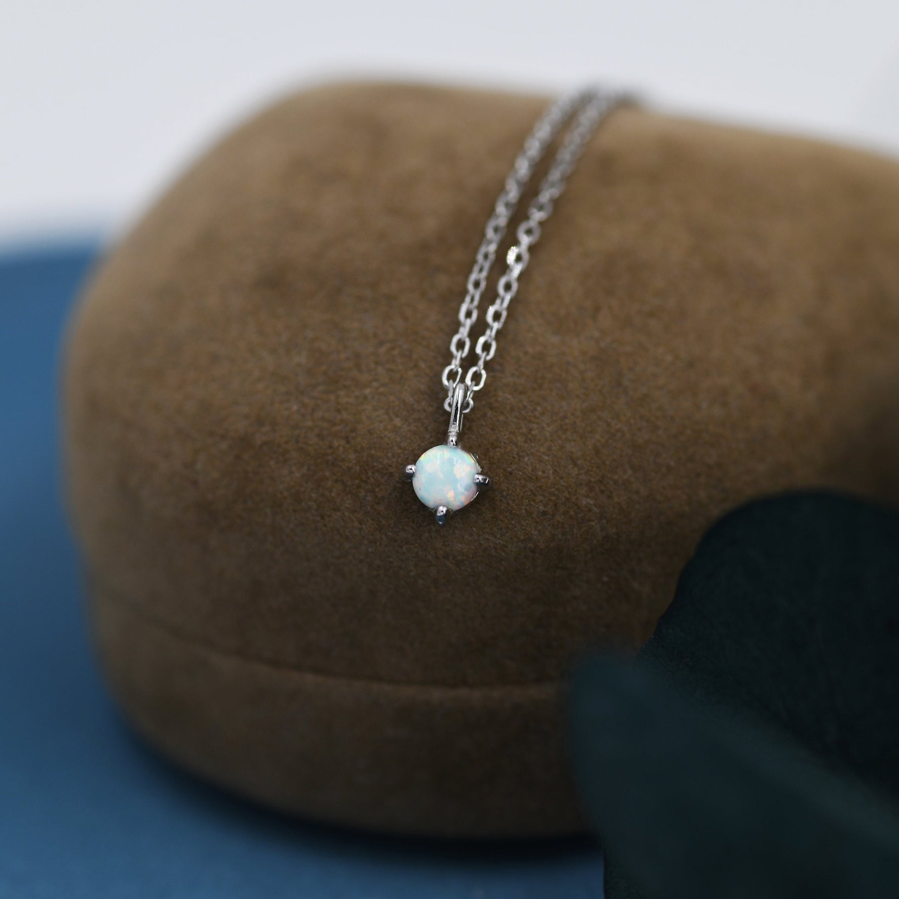 Very Small White Opal Pendant Necklace in Sterling Silver, Silver or Gold, 5mm Lab Opal Necklace, Single Opal Necklace