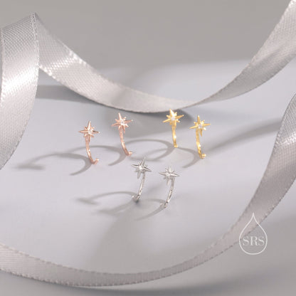 Starburst Star Huggie Hoop Earrings in Sterling Silver, Tiny North Star CZ Trio Open Hoops, Pull Through Threaders, Half Hoops