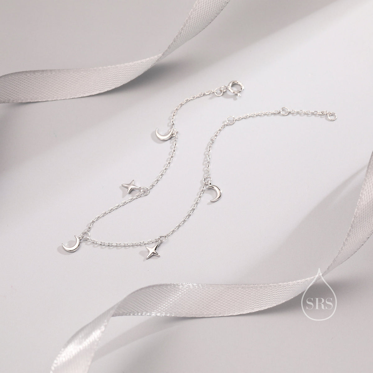 Sterling Silver Moon and Star Bracelet, Silver or Gold or Rose gold, Moon and Star Charm Bracelet, Celestial Jewellery