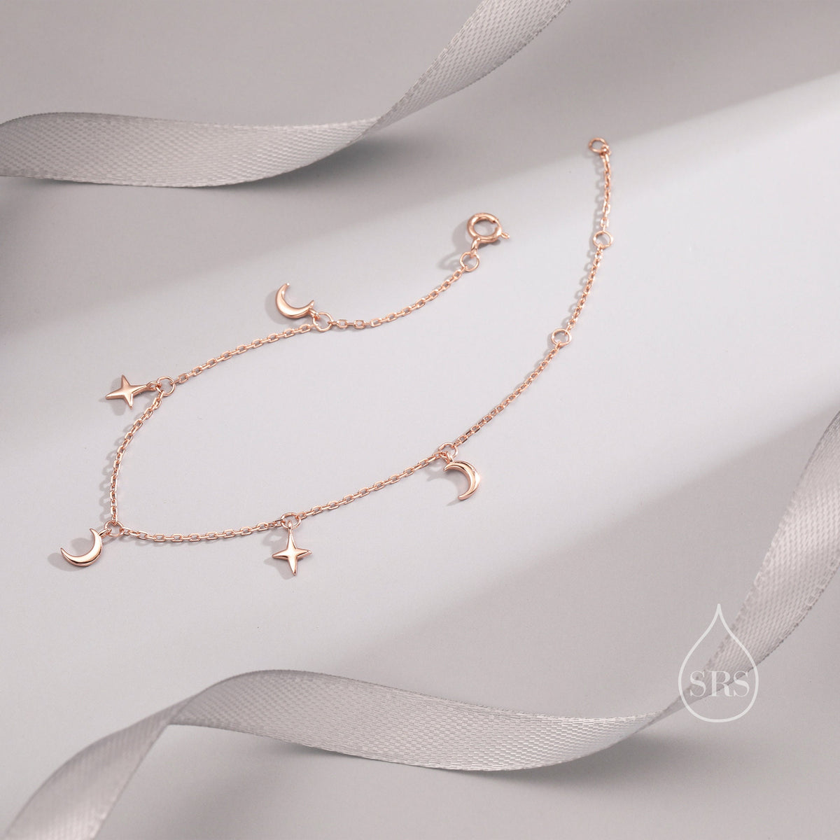 Sterling Silver Moon and Star Bracelet, Silver or Gold or Rose gold, Moon and Star Charm Bracelet, Celestial Jewellery