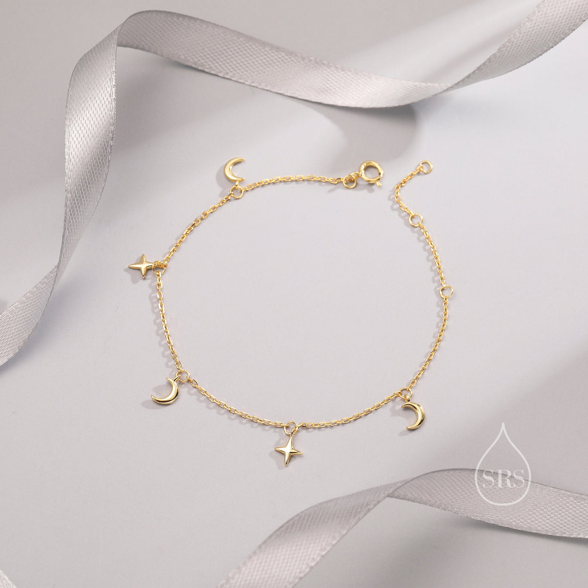 Sterling Silver Moon and Star Bracelet, Silver or Gold or Rose gold, Moon and Star Charm Bracelet, Celestial Jewellery