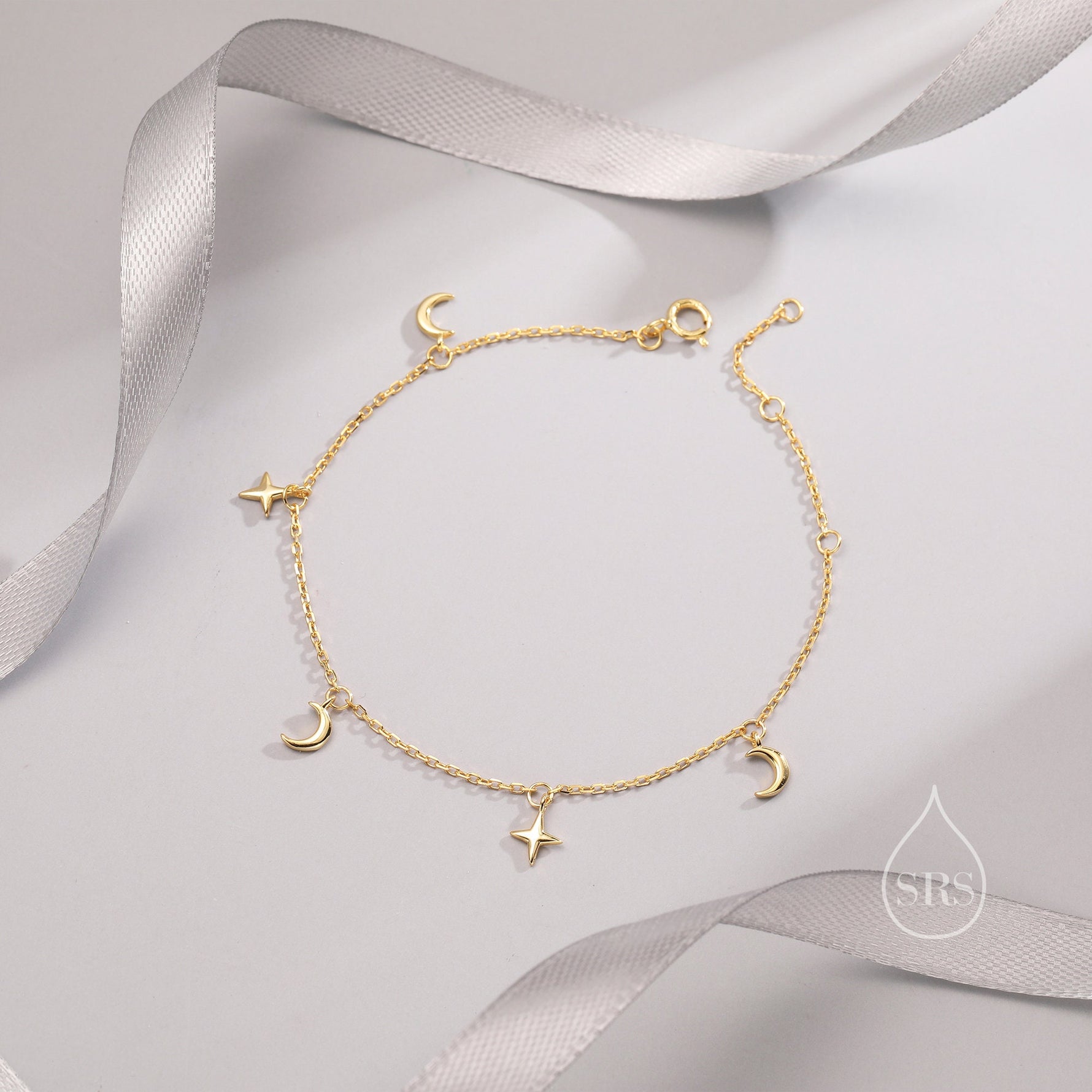 Sterling Silver Moon and Star Bracelet, Silver or Gold or Rose gold, Moon and Star Charm Bracelet, Celestial Jewellery