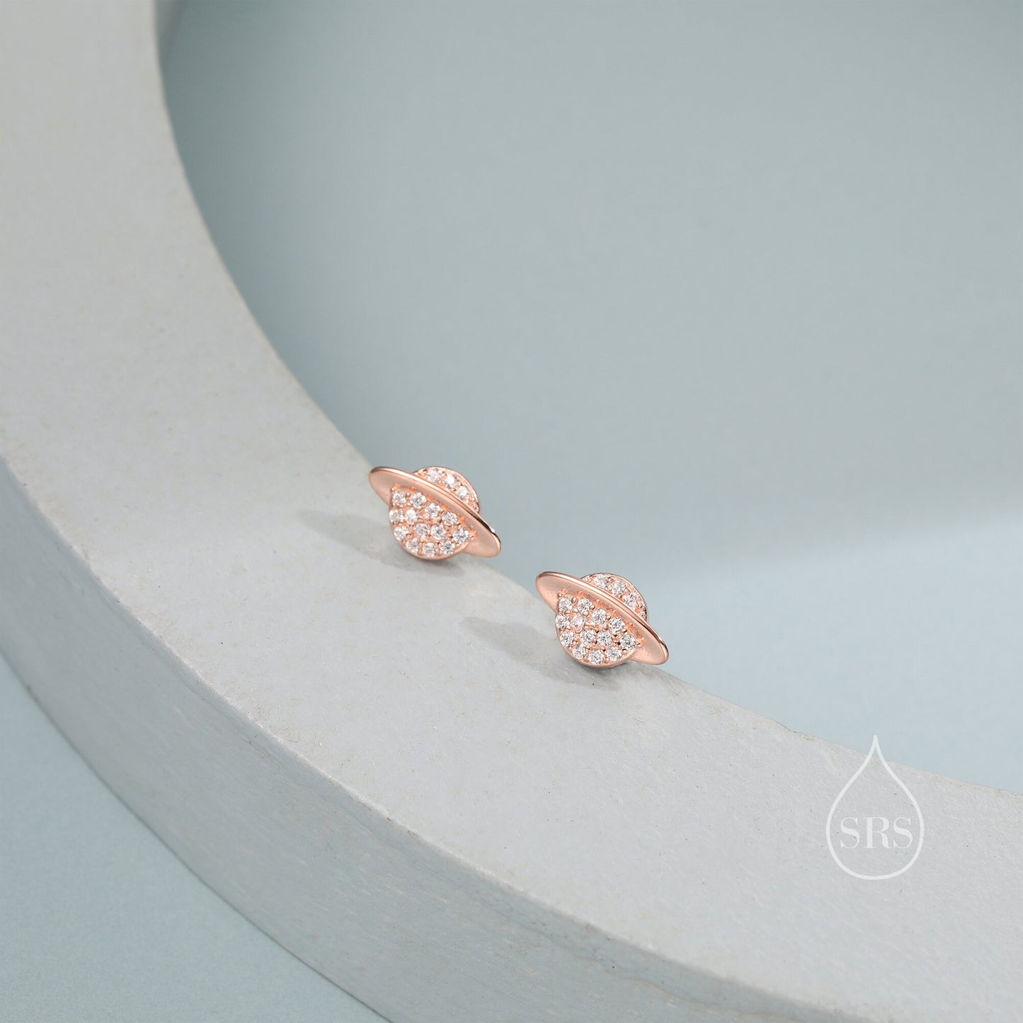 CZ Saturn Planet Stud Earrings in Sterling Silver, Silver or Gold or Rose Gold, Planet Earrings, Saturn Earrings