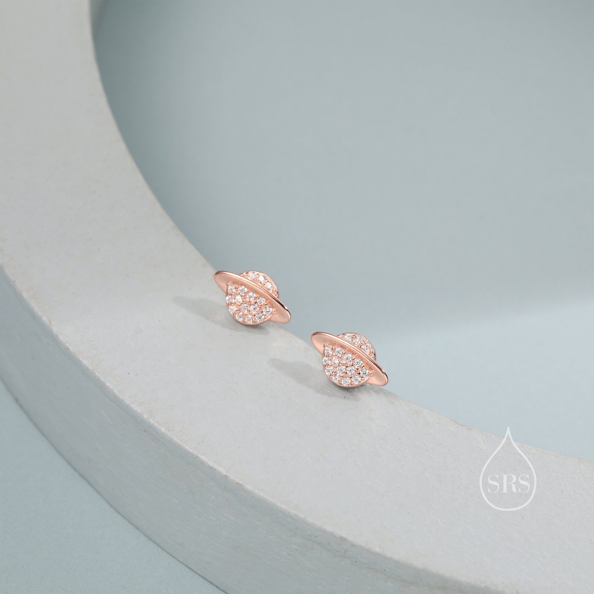 CZ Saturn Planet Stud Earrings in Sterling Silver, Silver or Gold or Rose Gold, Planet Earrings, Saturn Earrings