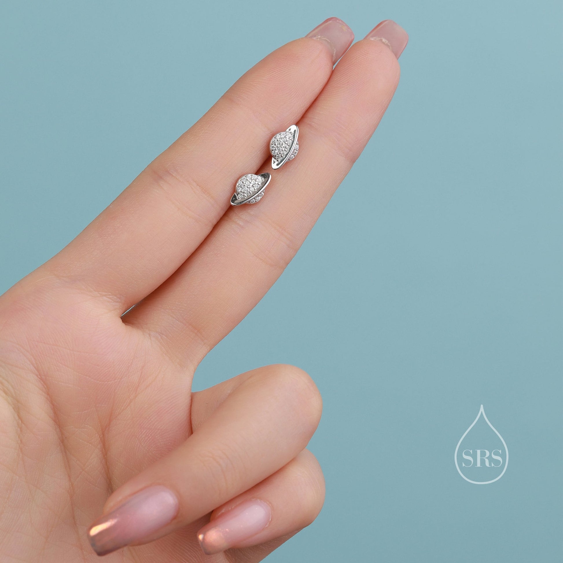 CZ Saturn Planet Stud Earrings in Sterling Silver, Silver or Gold or Rose Gold, Planet Earrings, Saturn Earrings