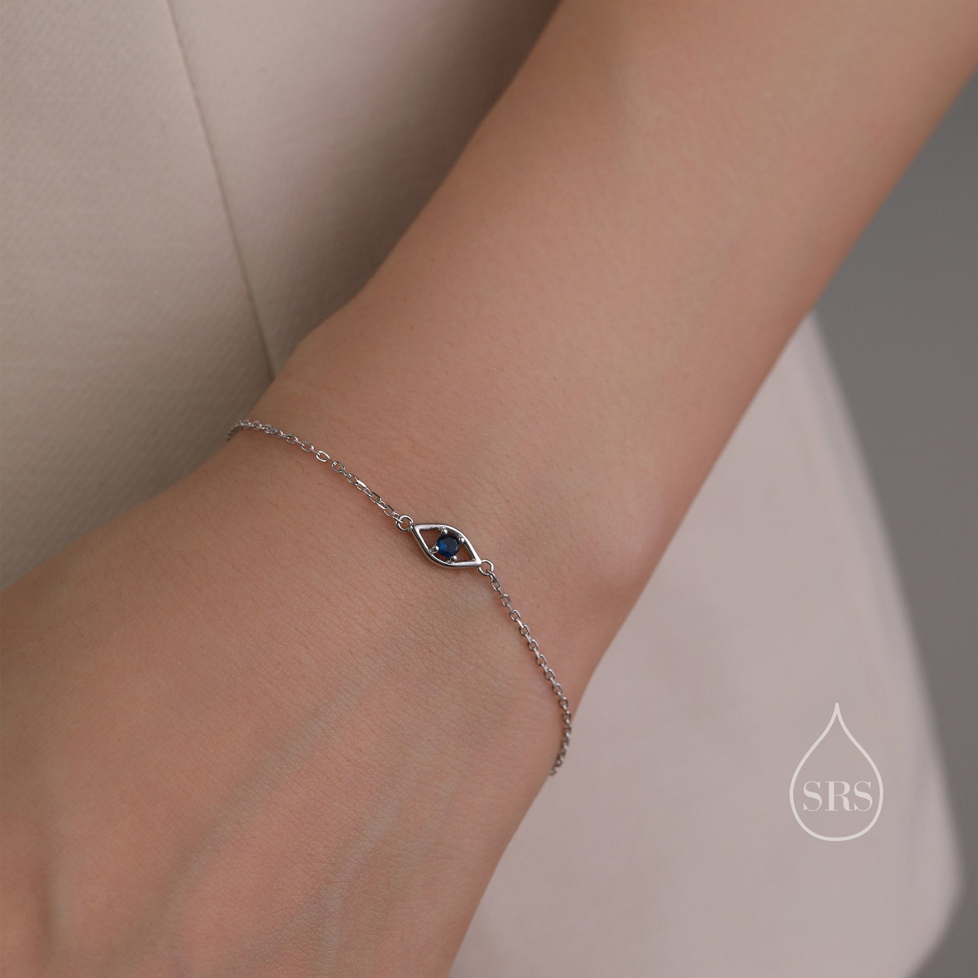 Evil Eye Bracelet in Sterling Silver, Silver or Gold, Hamsa Hand Evil Eye Bracelet, Sapphire Blue CZ Eye Bracelet