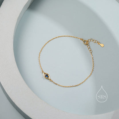 Evil Eye Bracelet in Sterling Silver, Silver or Gold, Hamsa Hand Evil Eye Bracelet, Sapphire Blue CZ Eye Bracelet