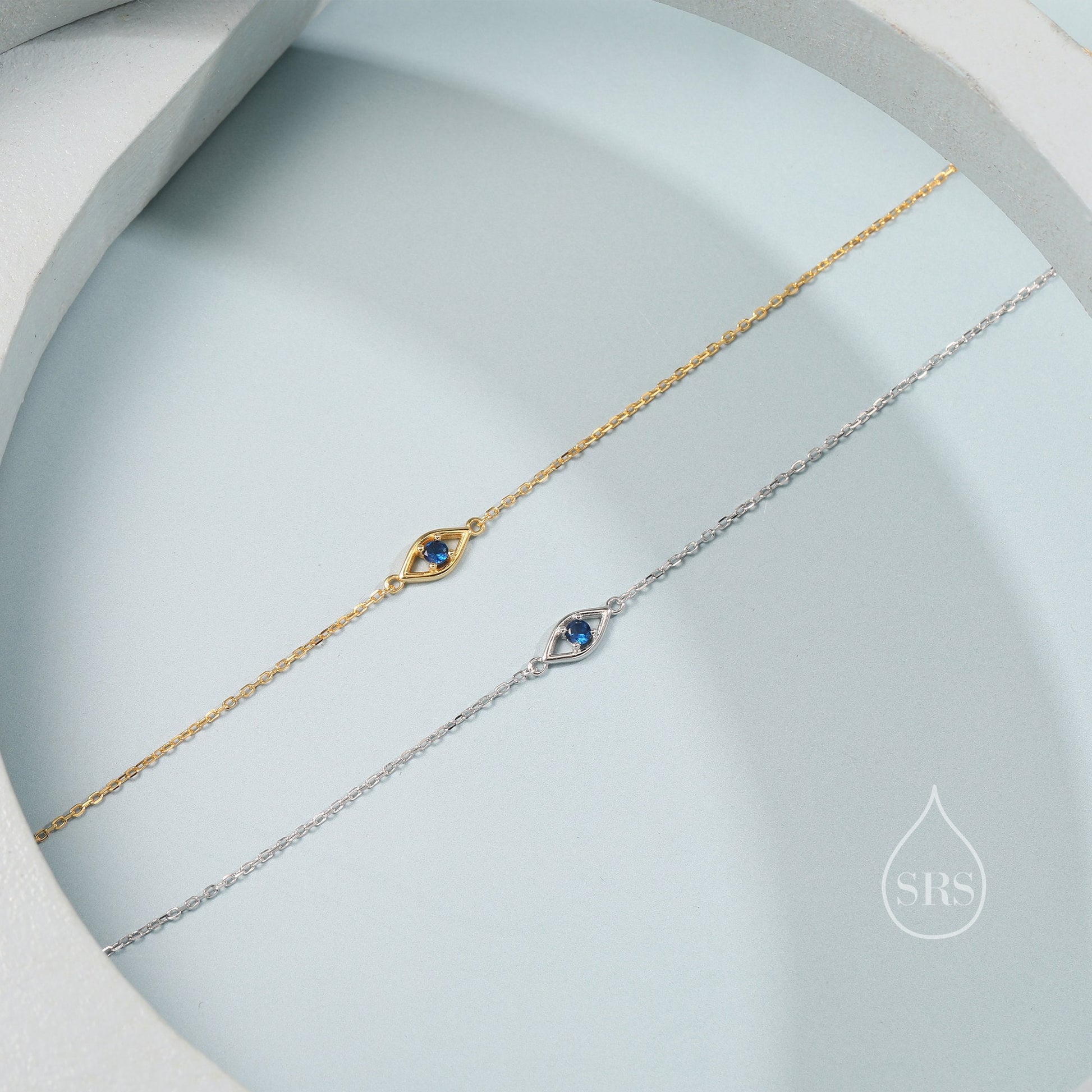 Evil Eye Bracelet in Sterling Silver, Silver or Gold, Hamsa Hand Evil Eye Bracelet, Sapphire Blue CZ Eye Bracelet