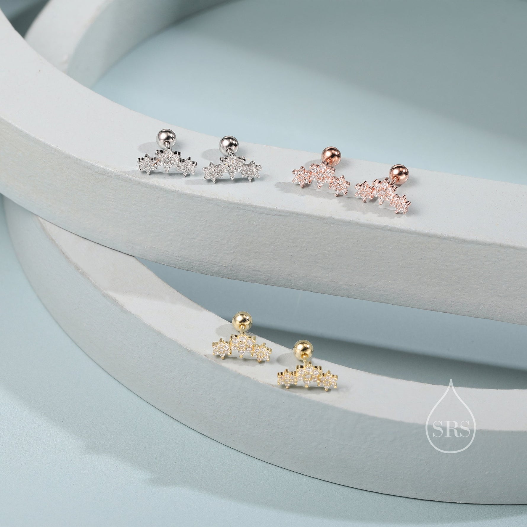 Tiny Flower Bouquet 18G Screw Back Earrings in Sterling Silver