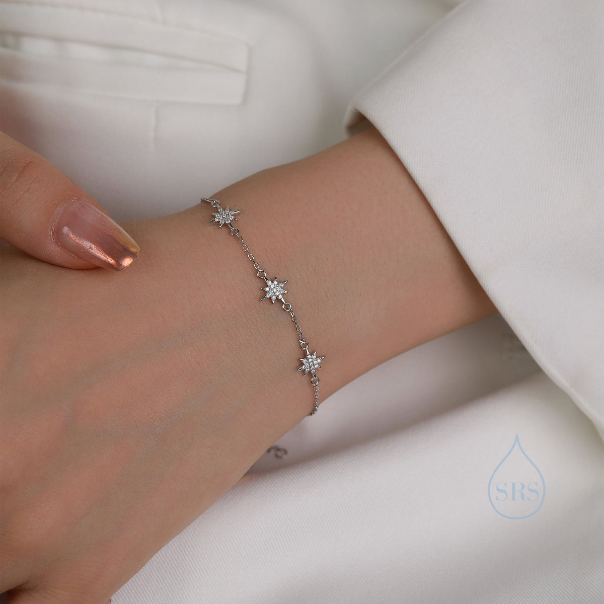 Starburst CZ Bracelet in Sterling Silver, Silver or Gold or Rose Gold, Three Star Bracelet, North Star Bracelet, Sunburst Bracelet, Star