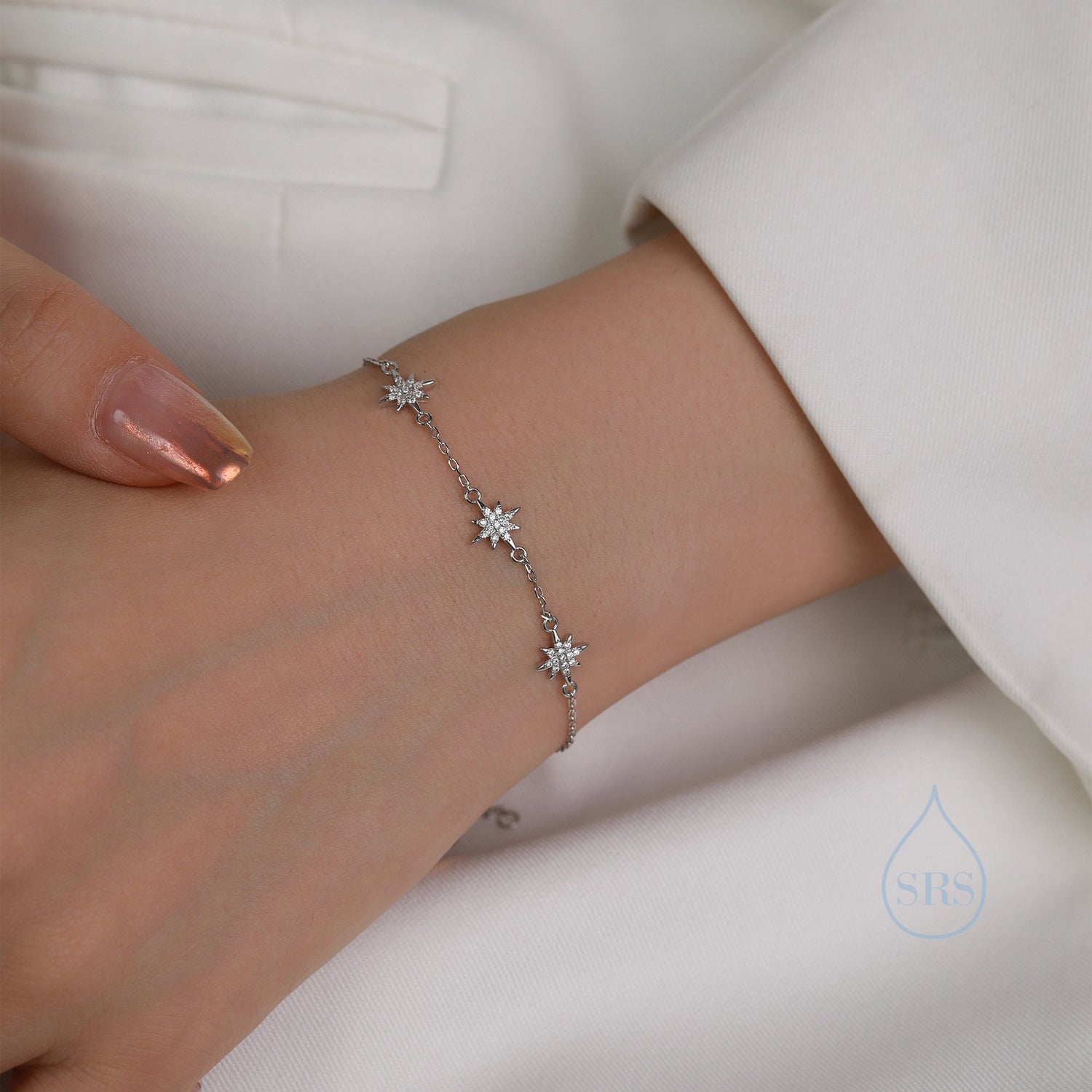 Starburst CZ Bracelet in Sterling Silver, Silver or Gold or Rose Gold, Three Star Bracelet, North Star Bracelet, Sunburst Bracelet, Star