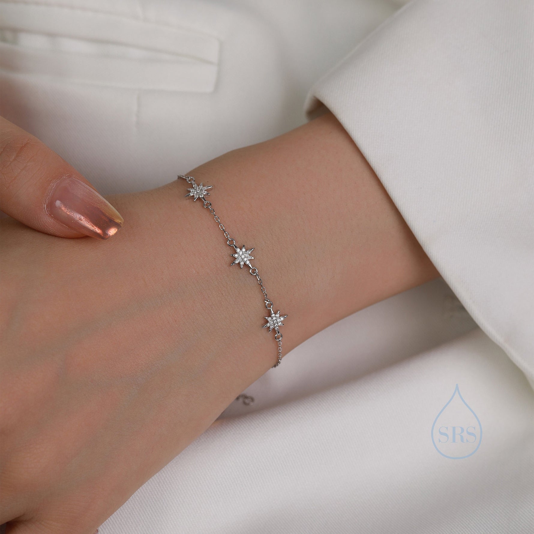 Starburst CZ Bracelet in Sterling Silver, Silver or Gold or Rose Gold, Three Star Bracelet, North Star Bracelet, Sunburst Bracelet, Star