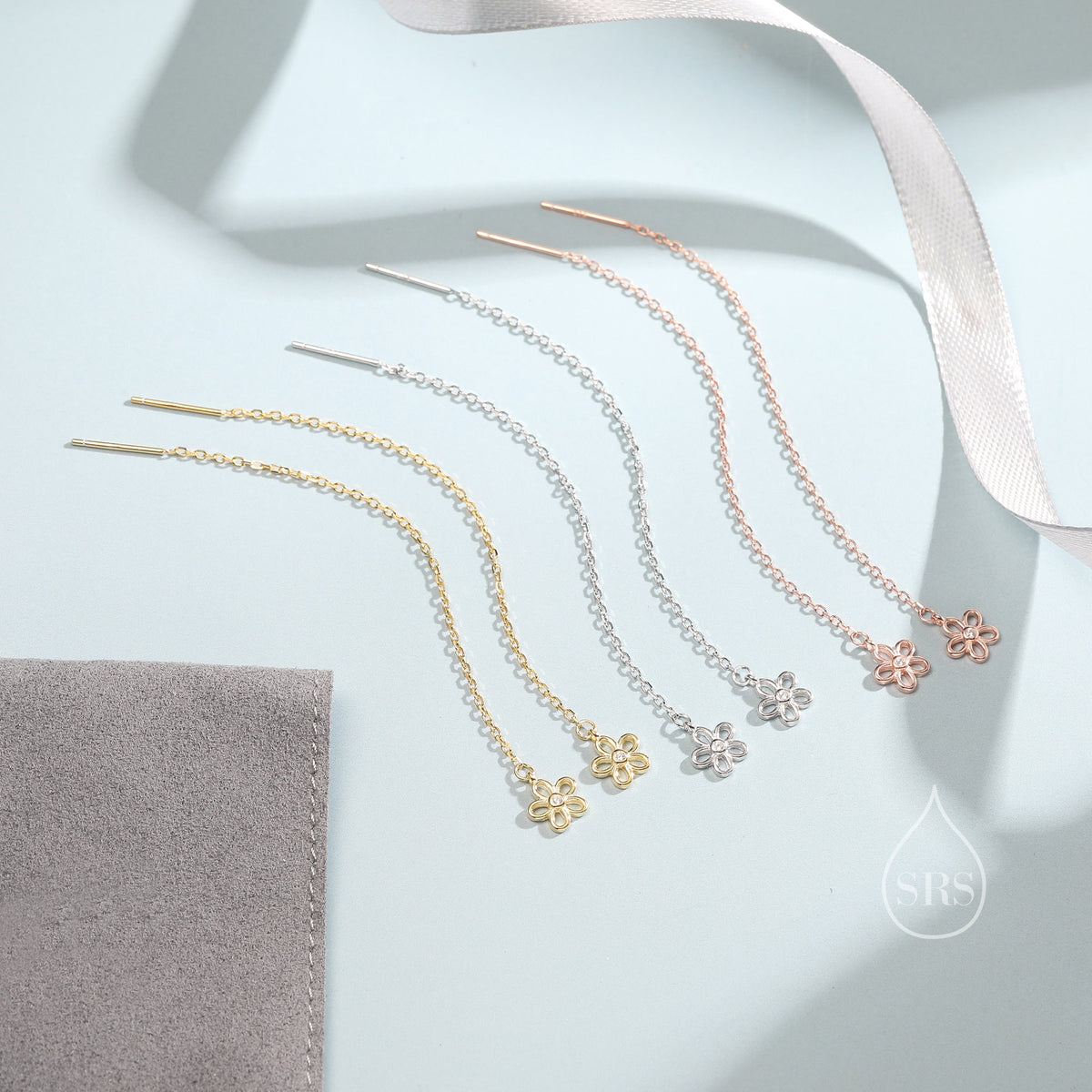 Sterling Silver Tiny Forget Me Not Flower Long Ear Threaders, Flower Threader Earrings, Daily Dangle Earrings, Daisy Earrings