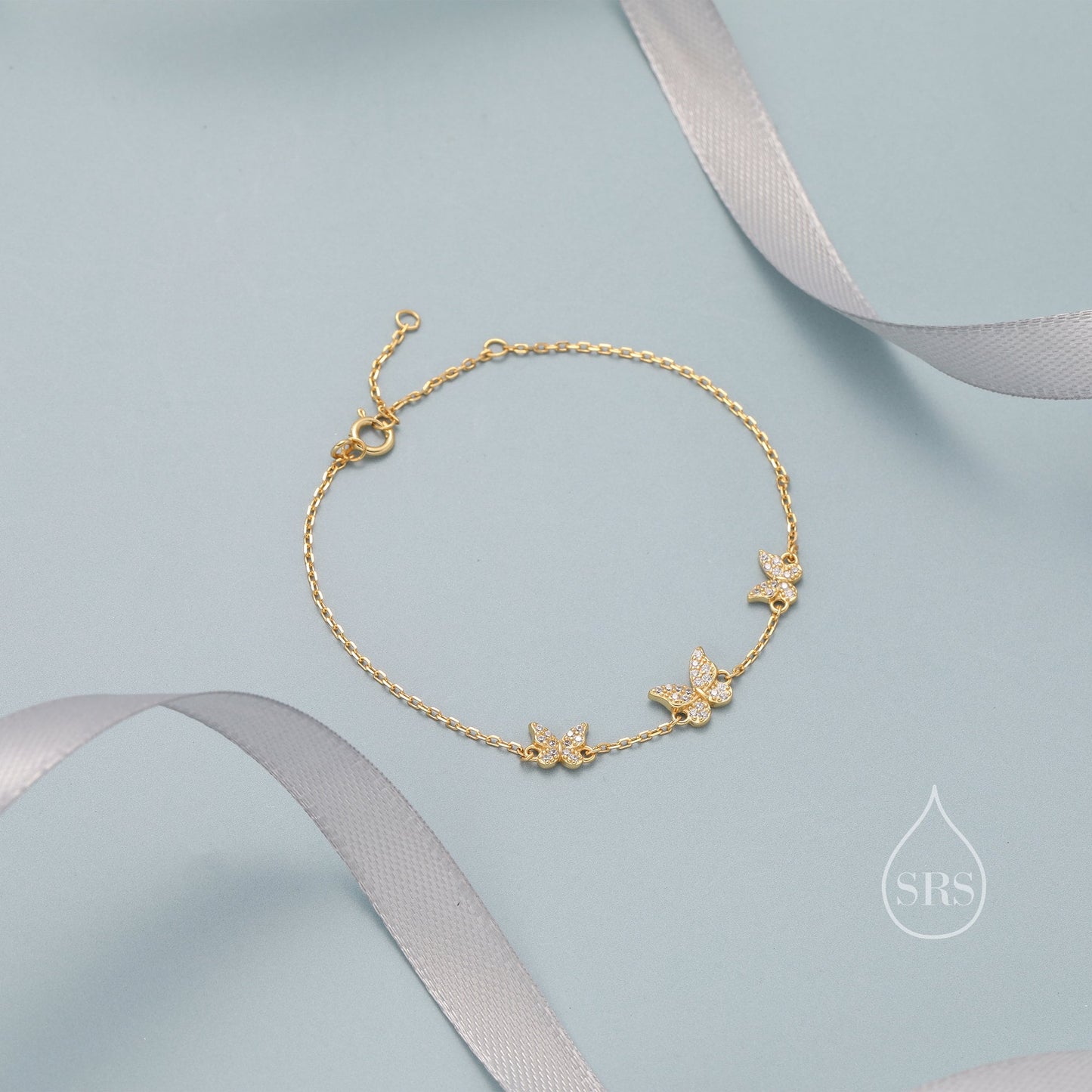 CZ Butterfly Floating Bracelet in Sterling Silver, Silver or Gold or Rose gold, Satellite Crystal Bracelet, Solid Silver Bracelet