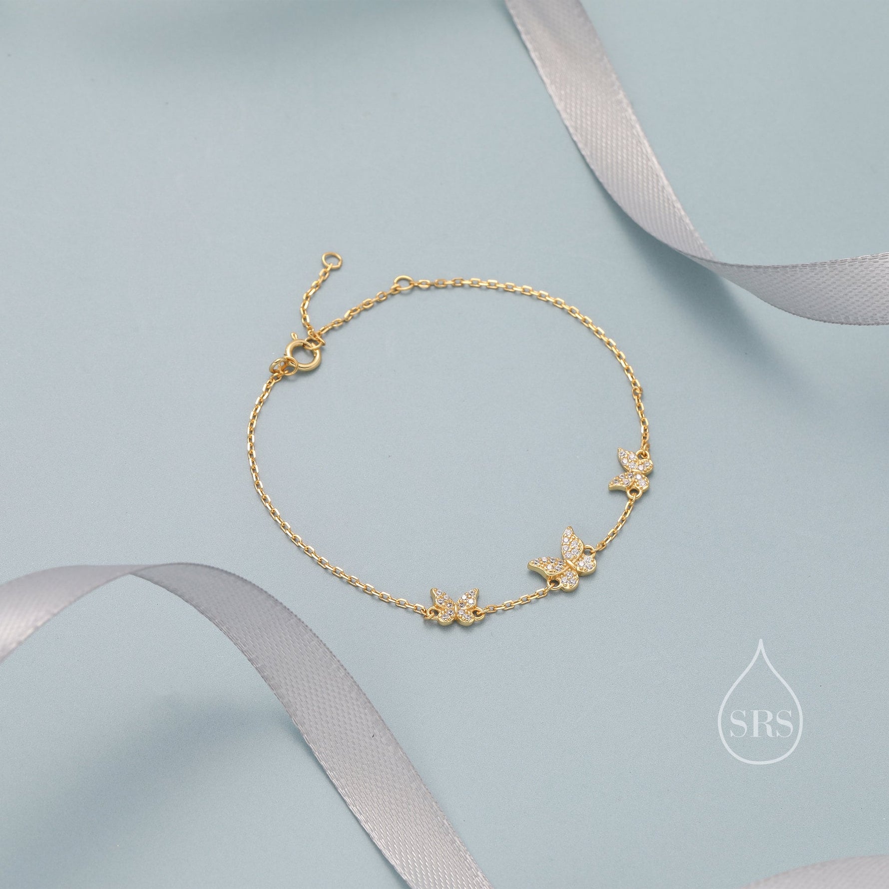 CZ Butterfly Floating Bracelet in Sterling Silver, Silver or Gold or Rose gold, Satellite Crystal Bracelet, Solid Silver Bracelet