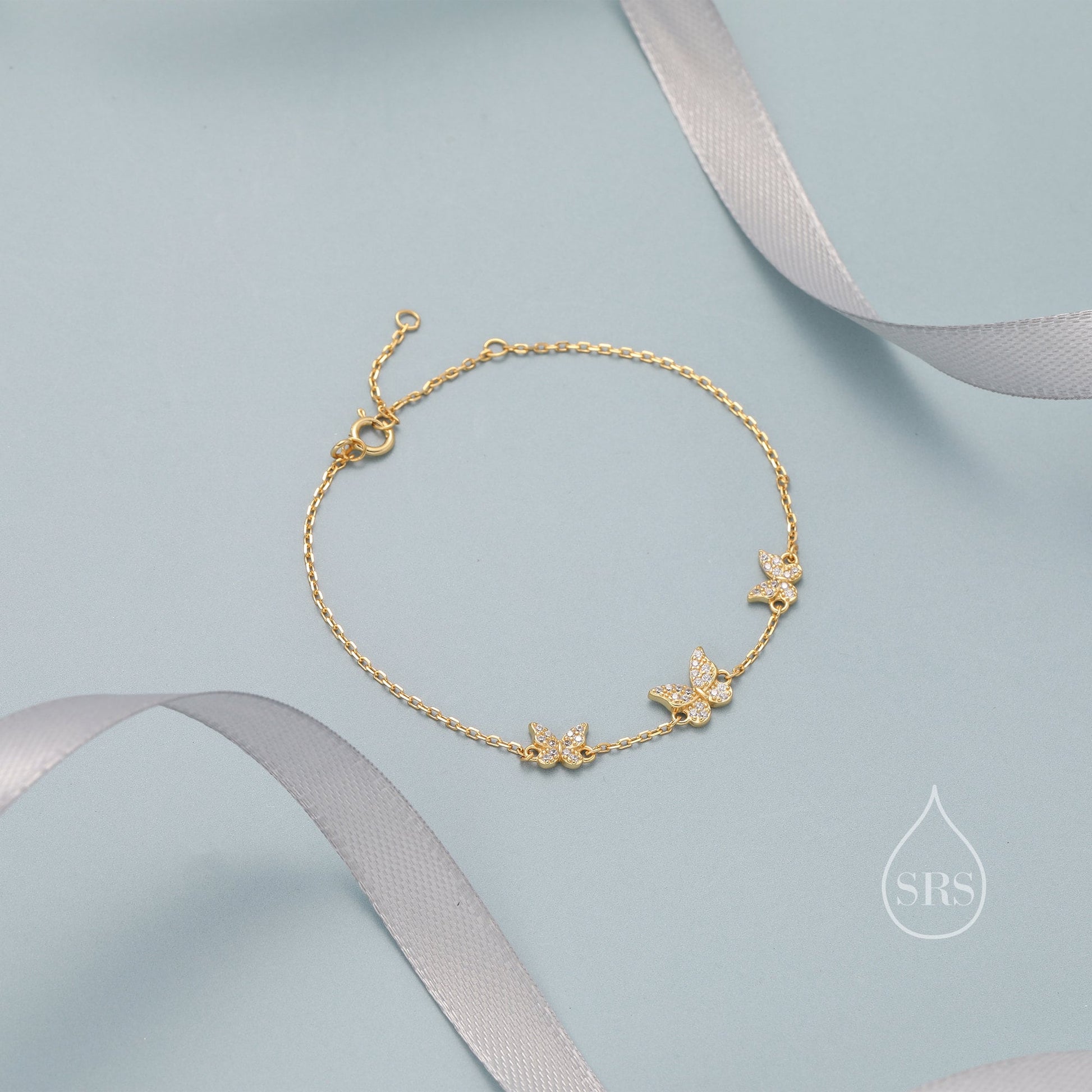 CZ Butterfly Floating Bracelet in Sterling Silver, Silver or Gold or Rose gold, Satellite Crystal Bracelet, Solid Silver Bracelet