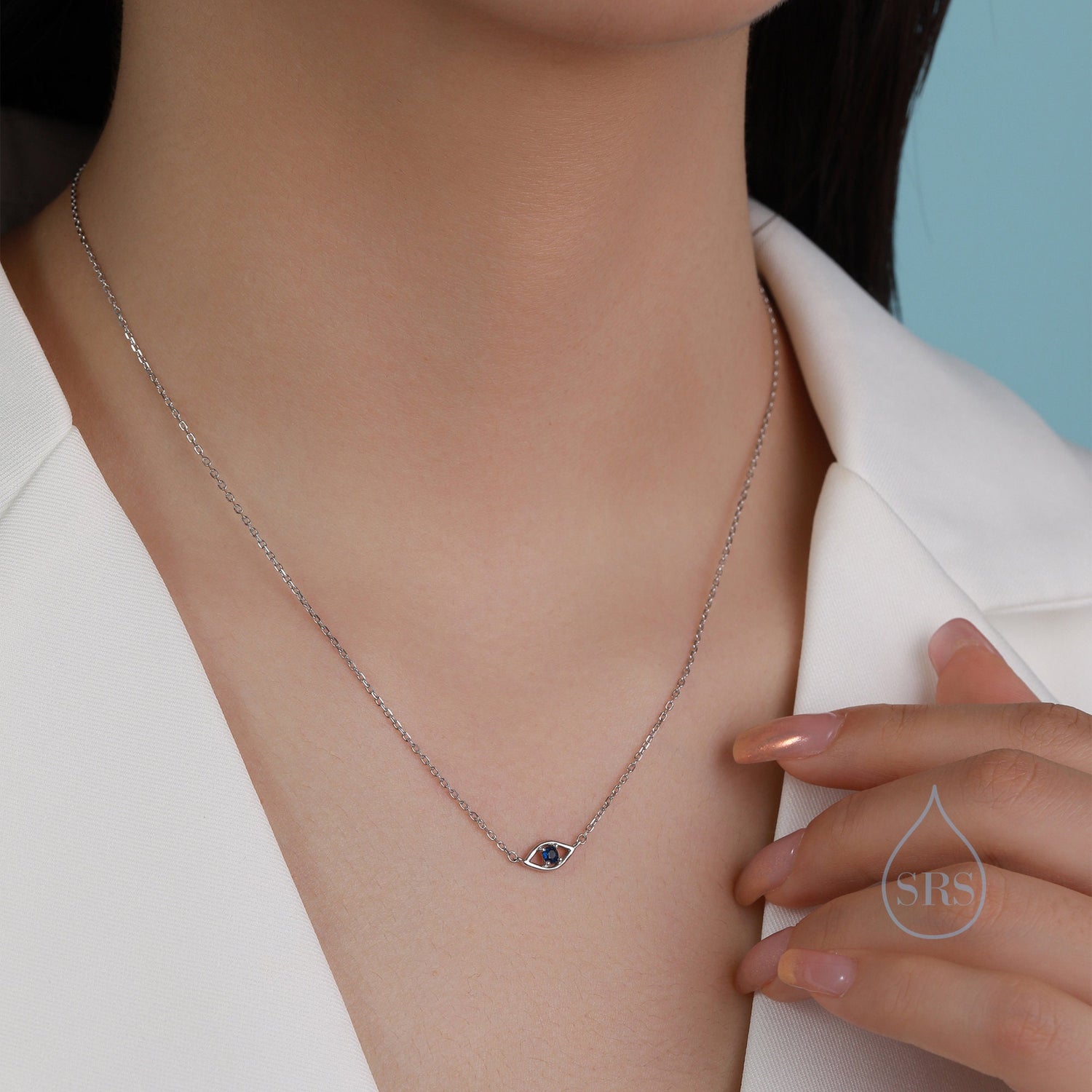 Sapphire Blue CZ Evil Eye Charm Necklace