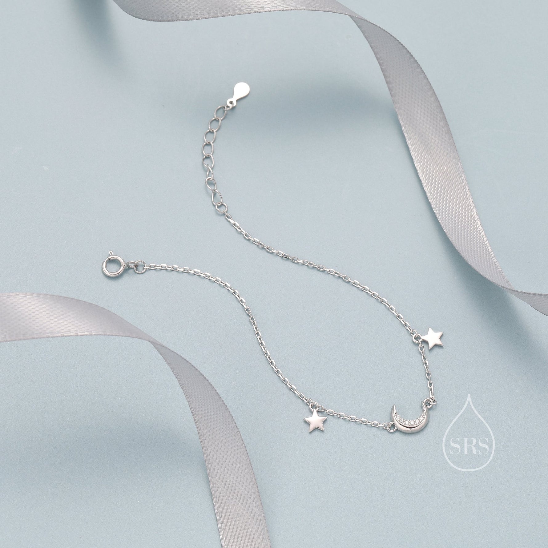 Sterling Silver CZ Moon and Star Bracelet, Silver or Gold, Moon and Star Charm Bracelet, Celestial Jewellery