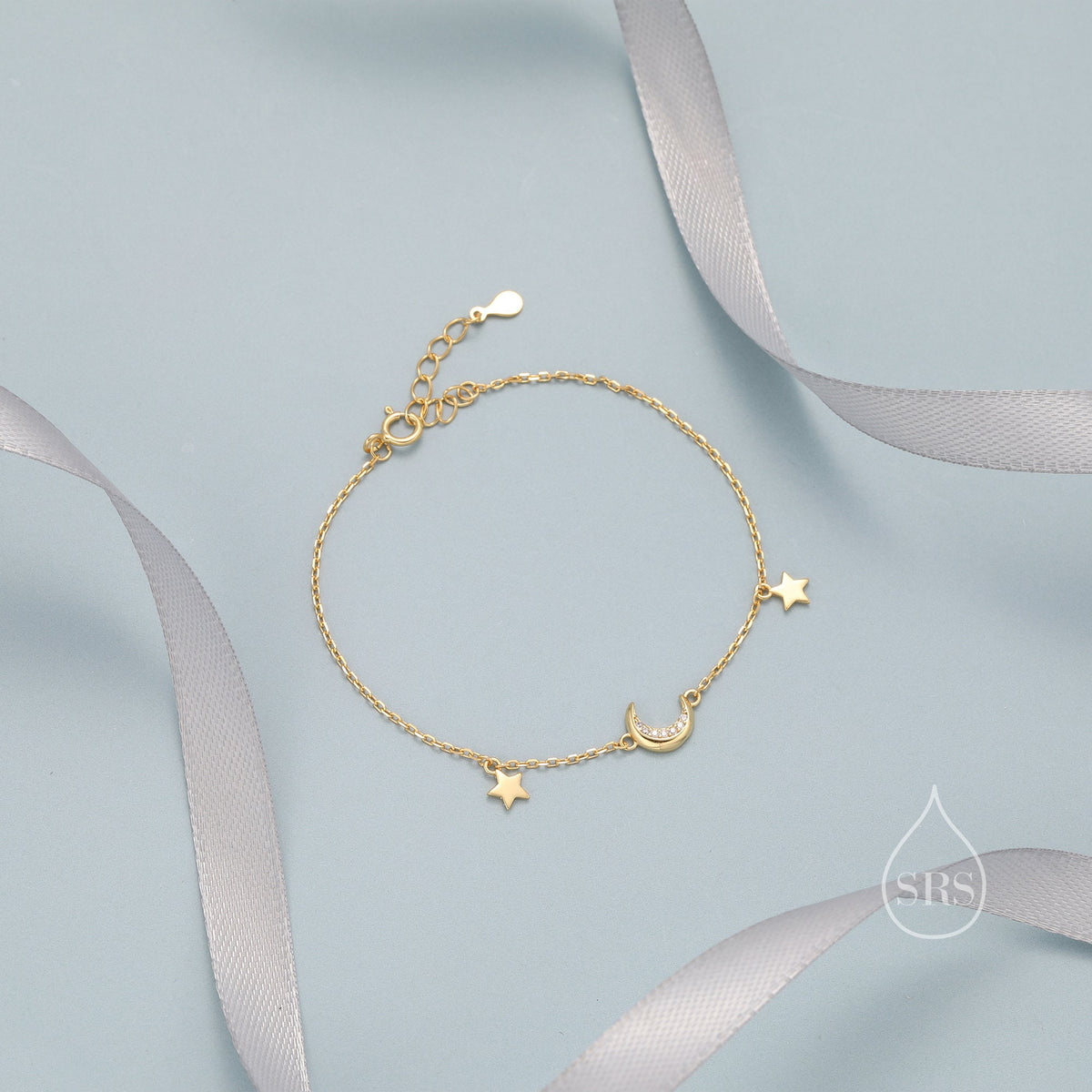 Sterling Silver CZ Moon and Star Bracelet, Silver or Gold, Moon and Star Charm Bracelet, Celestial Jewellery