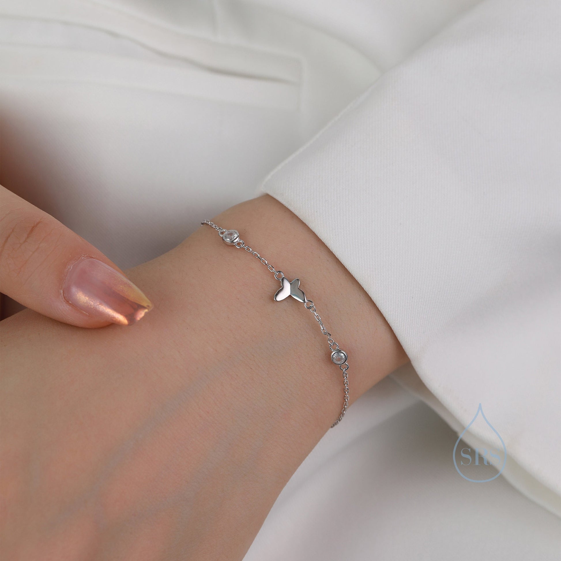 CZ Crystal and Butterfly Floating Bracelet in Sterling Silver, Silver or Gold or Rose gold, Satellite Bracelet, Solid Silver Bracelet