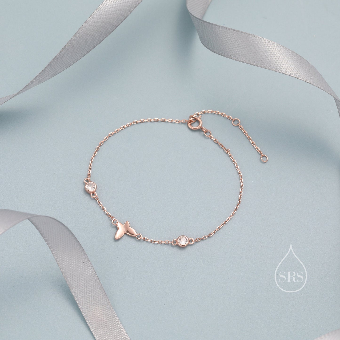 CZ Crystal and Butterfly Floating Bracelet in Sterling Silver, Silver or Gold or Rose gold, Satellite Bracelet, Solid Silver Bracelet