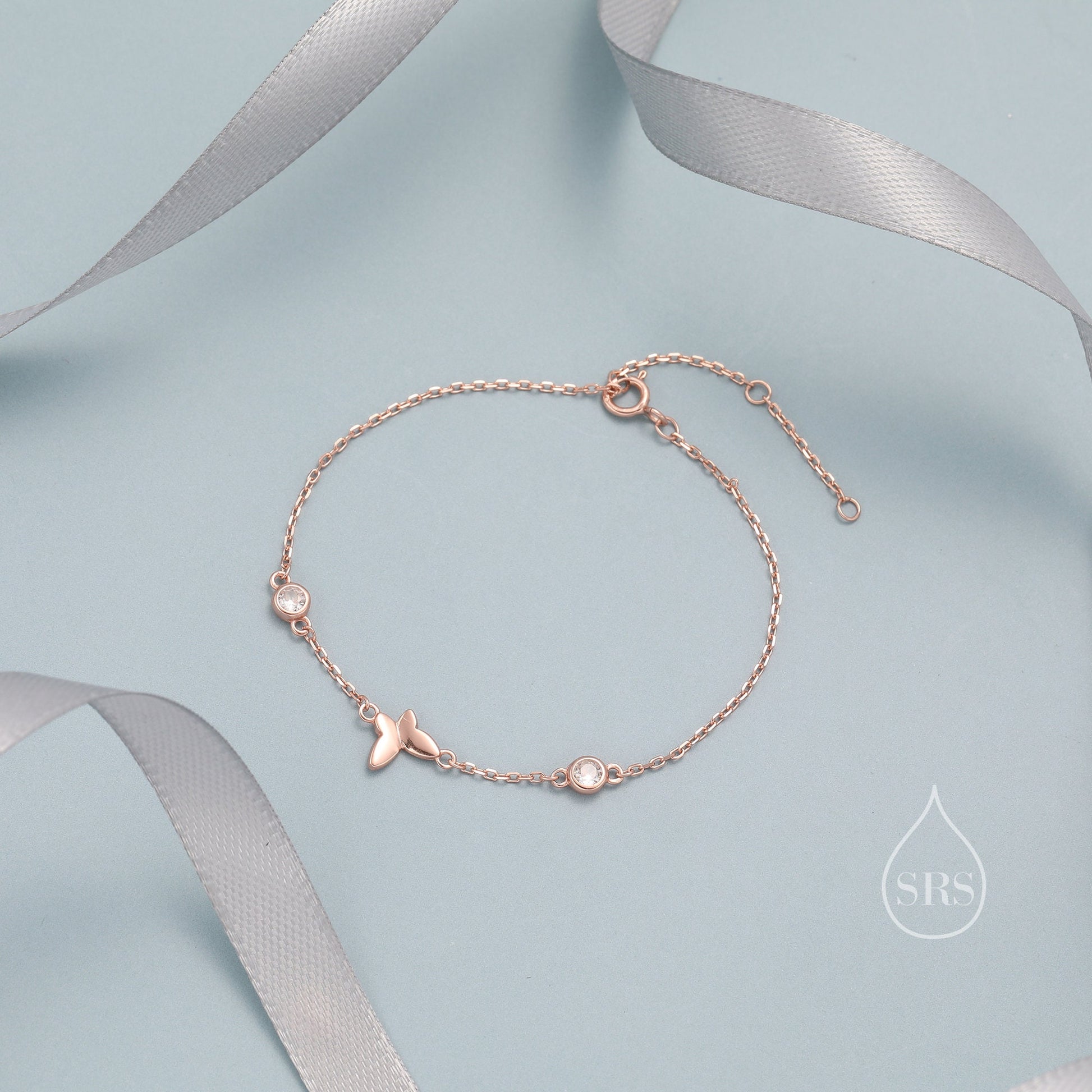 CZ Crystal and Butterfly Floating Bracelet in Sterling Silver, Silver or Gold or Rose gold, Satellite Bracelet, Solid Silver Bracelet