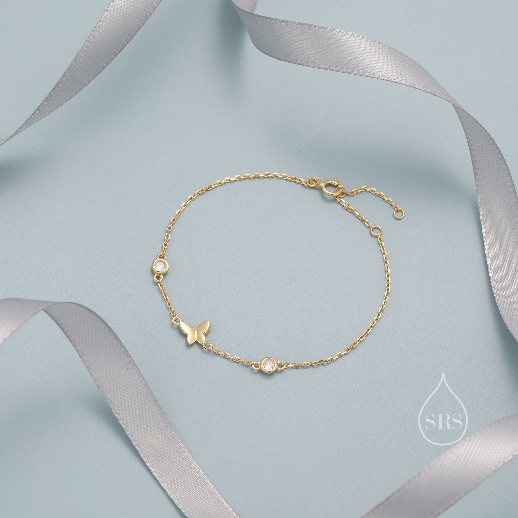 CZ Crystal and Butterfly Floating Bracelet in Sterling Silver, Silver or Gold or Rose gold, Satellite Bracelet, Solid Silver Bracelet