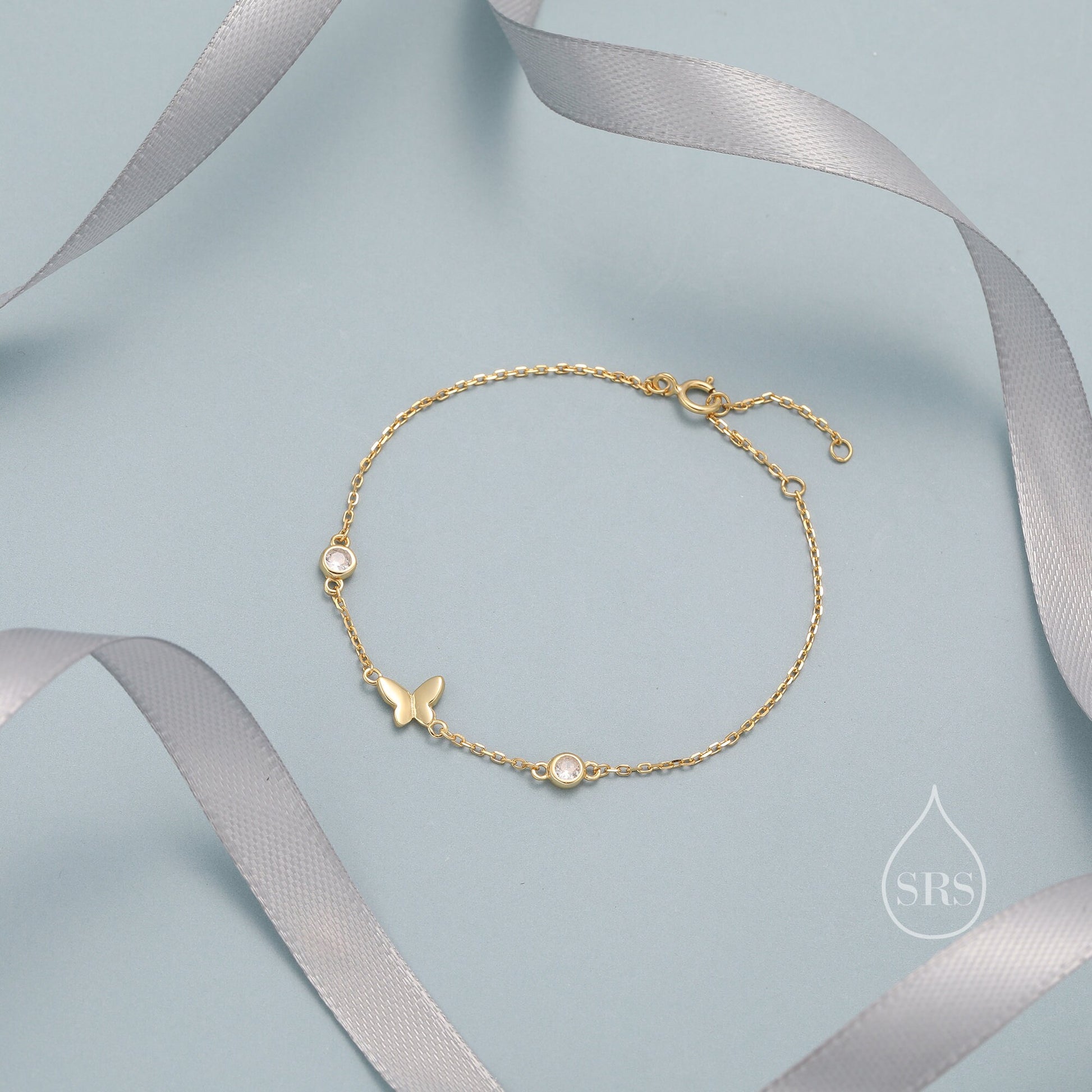 CZ Crystal and Butterfly Floating Bracelet in Sterling Silver, Silver or Gold or Rose gold, Satellite Bracelet, Solid Silver Bracelet