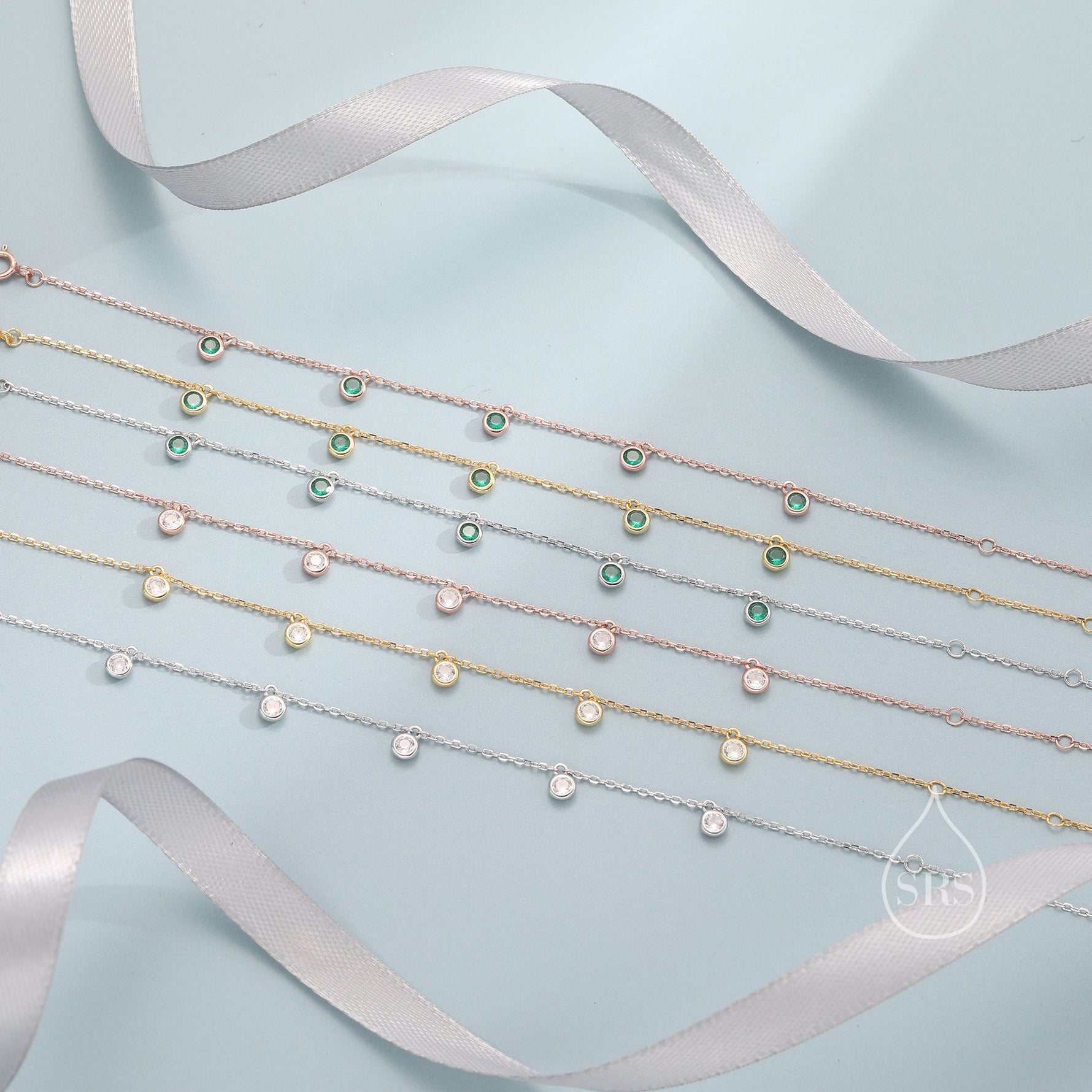 CZ Dangle Bracelet in Sterling Silver, Silver or Gold or Rose Gold, Satellite Crystal Bracelet, Solid Silver Motif Bracelet