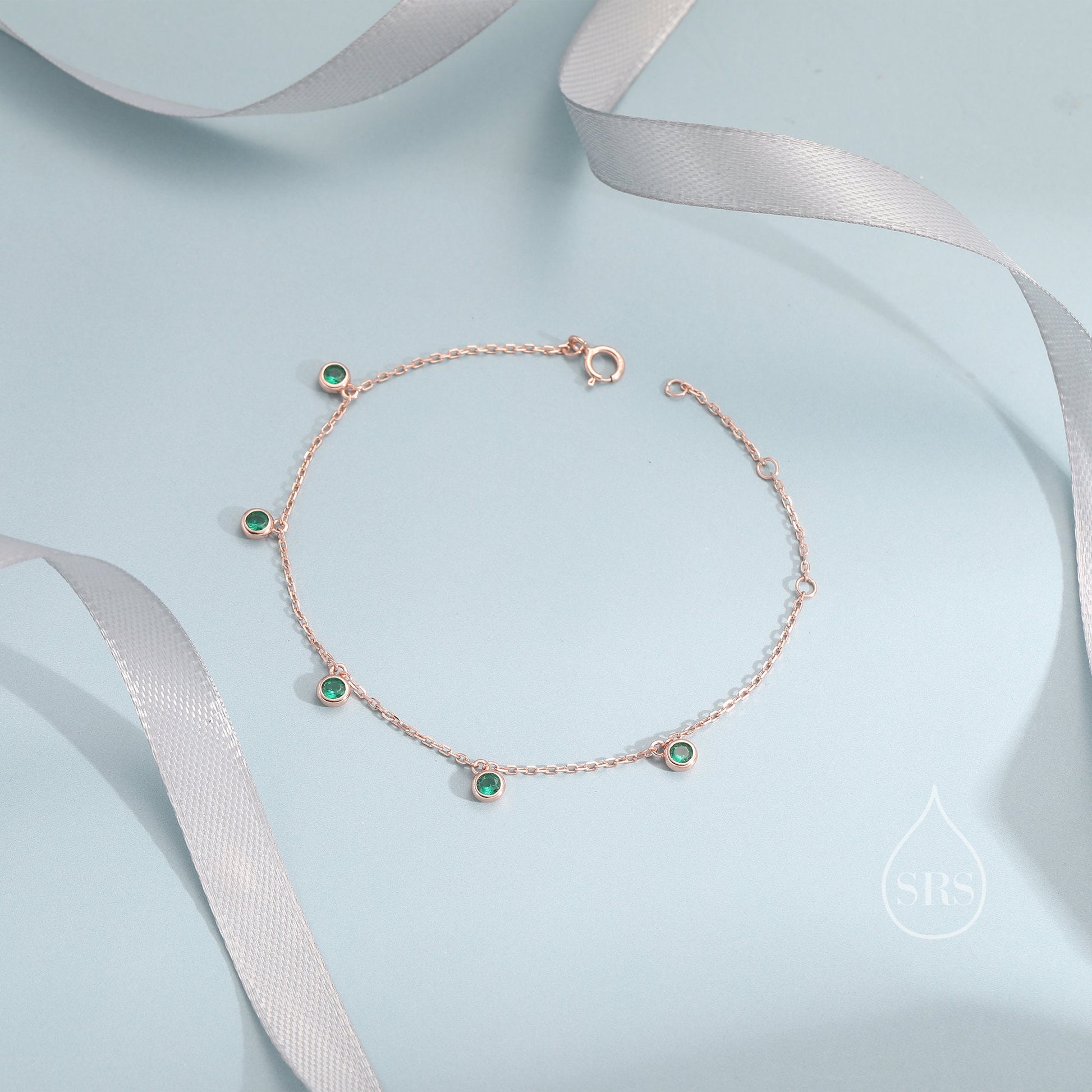Emerald Green CZ Dangle Bracelet in Sterling Silver, Silver or Gold or Rose Gold, Satellite Crystal Bracelet