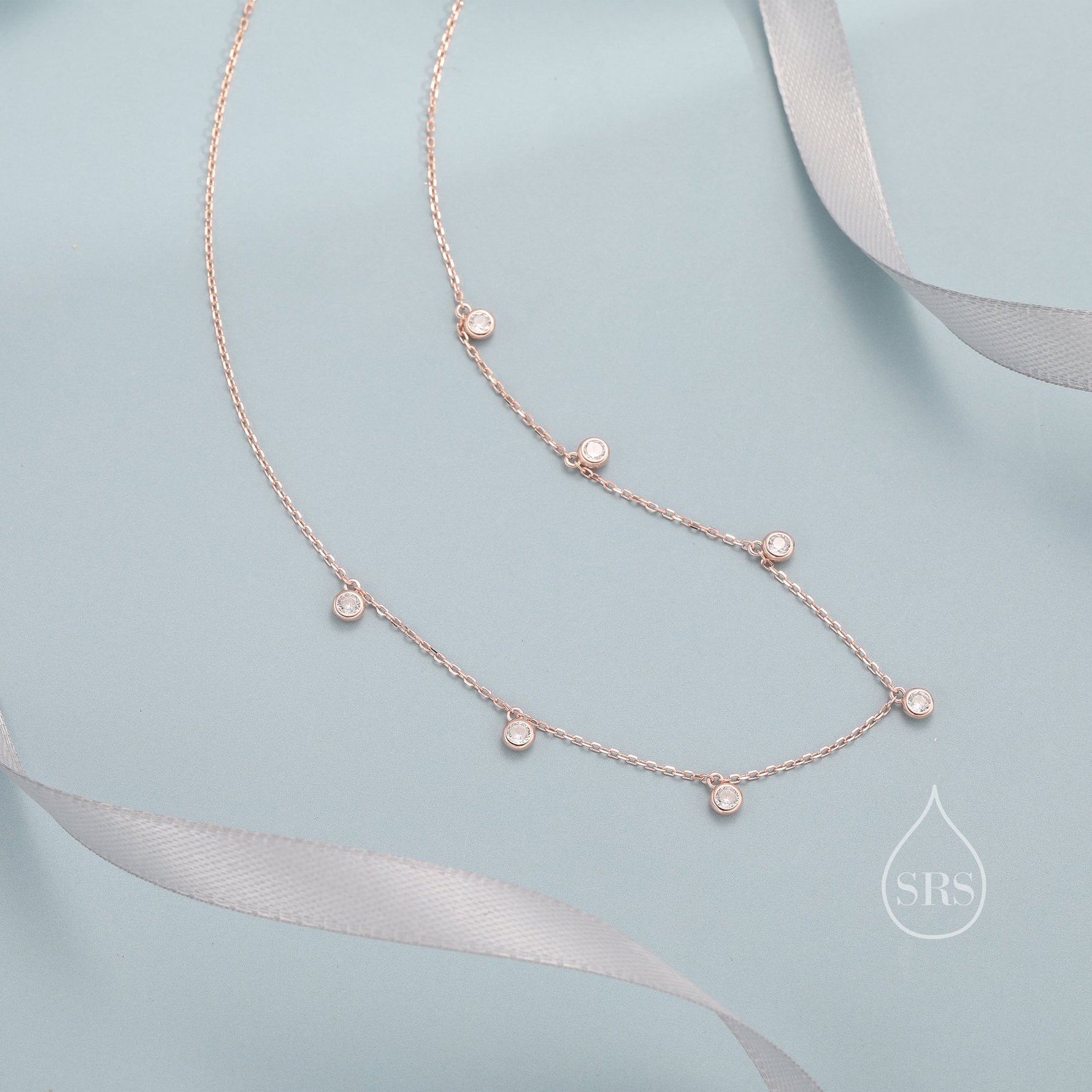 CZ Dangle Necklace in Sterling Silver, Silver or Gold or Rose Gold, Satellite Crystal Necklace, Solid Silver Motif Necklace