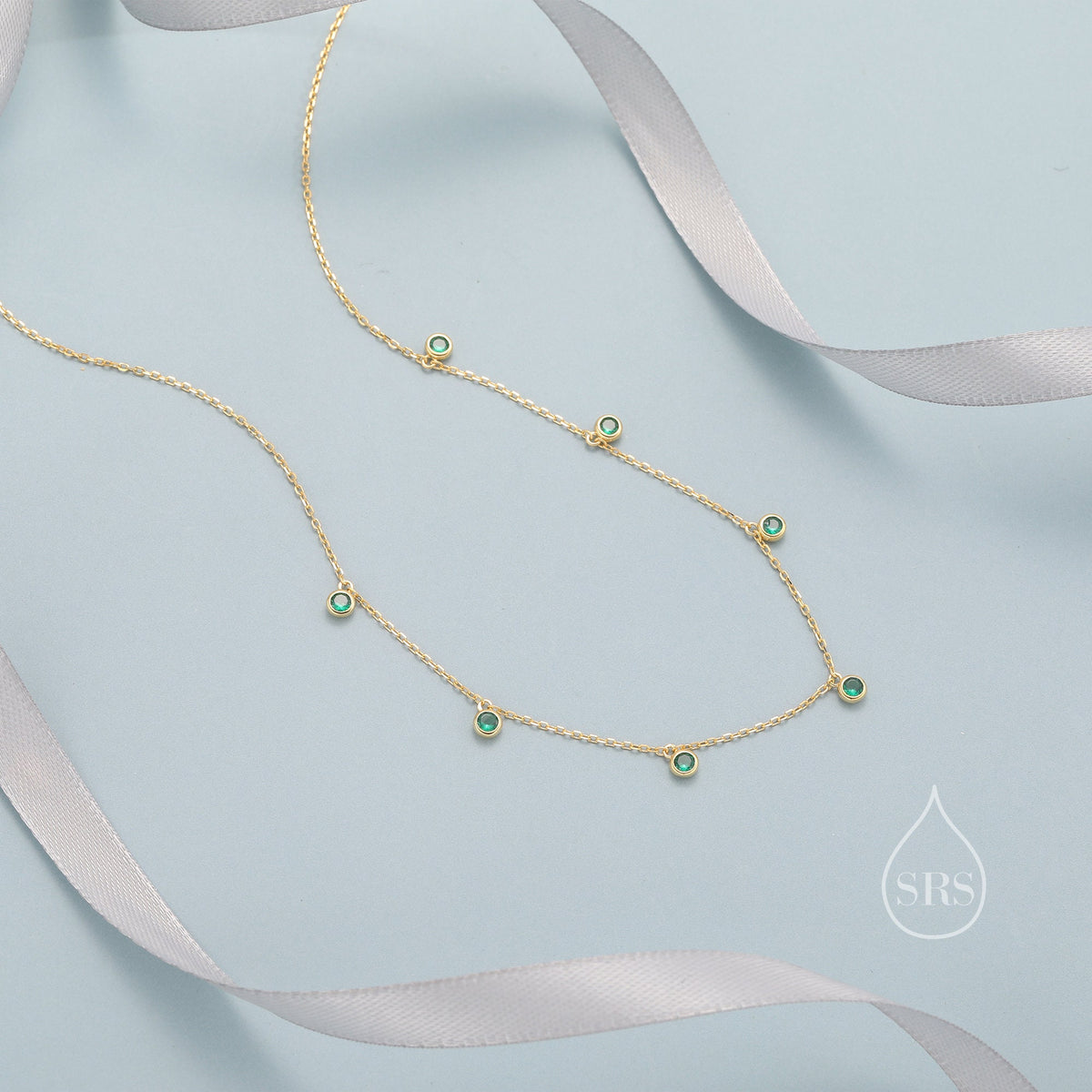Emerald Green CZ Dangle Necklace in Sterling Silver, Silver or Gold or Rose Gold, Satellite Crystal Necklace, Solid Silver Motif Necklace