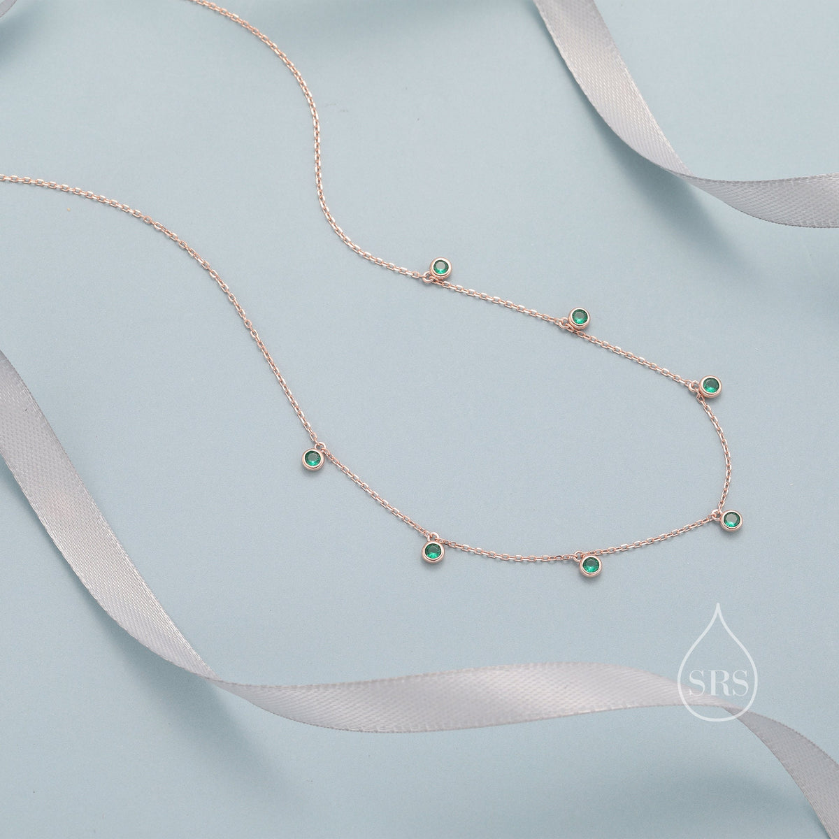 Emerald Green CZ Dangle Necklace in Sterling Silver, Silver or Gold or Rose Gold, Satellite Crystal Necklace, Solid Silver Motif Necklace