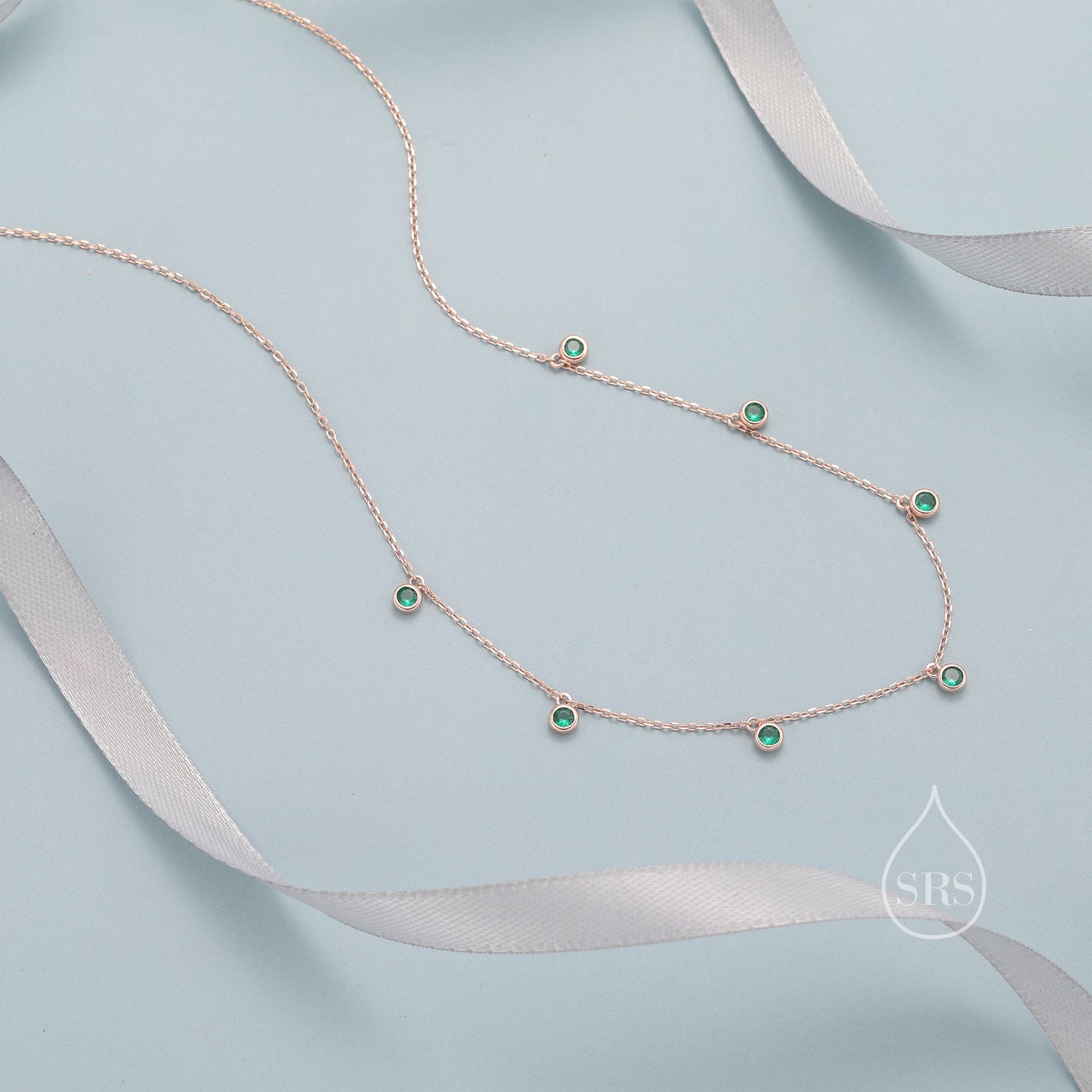 Emerald Green CZ Dangle Necklace in Sterling Silver, Silver or Gold or Rose Gold, Satellite Crystal Necklace, Solid Silver Motif Necklace