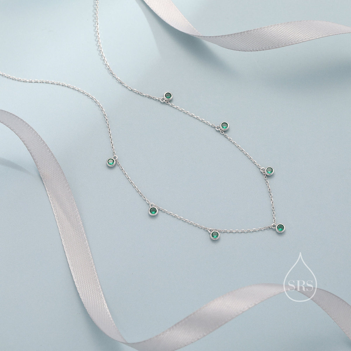 Emerald Green CZ Dangle Necklace in Sterling Silver, Silver or Gold or Rose Gold, Satellite Crystal Necklace, Solid Silver Motif Necklace